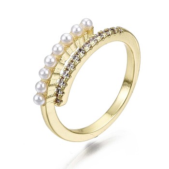 Brass Micro Pave Clear Cubic Zirconia Cuff Rings, Open Rings, with ABS Plastic Imitation Pearl, Nickel Free, Real 16K Gold Plated, US Size 6(16.5mm)