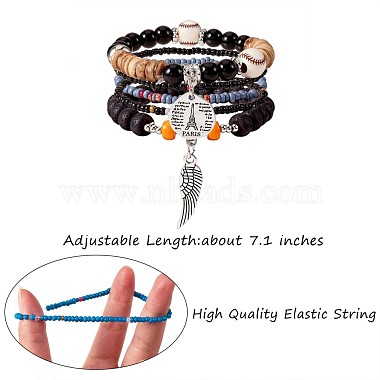 5Pcs 5 Style Wood & Glass Seed & Acrylic Beaded Stretch Bracelets Set with Baseball(JB709F)-2