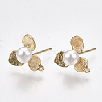 Brass Stud Earring Findings, Cadmium Free & Nickel Free & Lead Free, with Loop, ABS Plastic Imitation Pearl, Flower, Real 18K Gold Plated, 11x11.5mm, Hole: 1mm, Pin: 0.7mm(KK-S348-232)