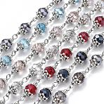 Handmade Glass Beaded Chains, with Tibetan Style Alloy Bead Caps, Iron Spacer Beads and Iron Eye Pins, Unwelded, Mixed Color, 39.37 inch(1m), Link: 7.5x20.5mm, 1m/strand(AJEW-JB00498)