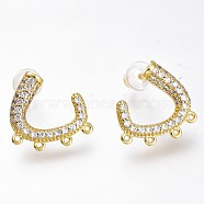 Brass Micro Pave Clear Cubic Zirconia Stud Earring Findings, with Loop and Plastic Ear Nuts, Long-Lasting Plated, Golden, 14x13.5mm, Hole: 0.7mm, Pin: 1mm(ZIRC-I049-27G)