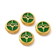 Alloy Beads, with Enamel, Golden, Flat Round with God of Wealth & Eye, Green, 13~13.5x4.5mm, Hole: 2mm(ENAM-L038-H03)