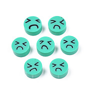 Handmade Polymer Clay Beads, Flat Round with Expression, Turquoise, 9~10x4~5mm, Hole: 1.6mm(CLAY-N008-065-A04)