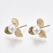 Brass Stud Earring Findings, with Loop, ABS Plastic Imitation Pearl, Flower, Real 18K Gold Plated, 11x11.5mm, Hole: 1mm, Pin: 0.7mm(KK-S348-232)
