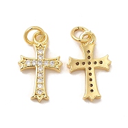 Rack Plating Brass Micro Pave  Cubic Zirconia Pendants, with Jump Rings, Cadmium Free & Lead Free, Long-Lasting, Cross, Real 18K Gold Plated, 17.5x10x2mm, Hole: 3mm(KK-B068-02G)