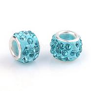 Polymer Clay Rhinestone European Beads, Large Hole Beads, Rondelle, with Silver Color Plated Brass Cores, Aquamarine, 10~12x7~8mm, Hole: 5mm(CPDL-T001-04)