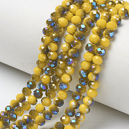 Electroplate Opaque Solid Color Glass Beads Strands, Half Plated, Blue Plated, Faceted, Rondelle, Gold, 4x3mm, Hole: 0.4mm, about 123~127pcs/strand, 16.5~16.9 inch(42~43cm)(EGLA-A034-P4mm-I15)
