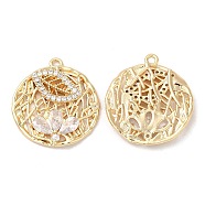 Brass Micro Pave Cubic Zirconia Pendants, with Glass Finding, Nickel Free, Flat Round, Real 18K Gold Plated, 21.5x20x3.5mm, Hole: 1.4mm(KK-C028-39G)