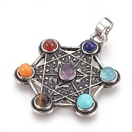 Natural & Synthetic Gemstone Pendants, with Alloy Findings, Chakra, Metatron's Cube/Sacred Geometry, Antique Silver, 38x30x5mm, Hole: 5x8mm(X-KK-F756-05D)