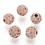 Rack Plating Brass Cubic Zirconia Beads, Long-Lasting Plated, Round, Rose Gold, 6x6mm, Hole: 1.5mm(ZIRC-S001-6mm-A04)