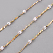 Handmade Brass Curb Chains, with ABS Plastic Imitation Pearl Beads, Soldered, with Spool, Real 18K Gold Plated, 1.5x1x0.3mm, about 16.4 Feet(5m)/roll(CHC-S012-015)