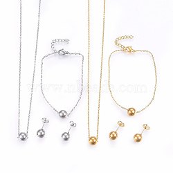 304 Stainless Steel Jewelry Sets, Pendant Necklaces & Stud Earrings & Bracelets, Ball, Mixed Color, 16.54 inches(42cm), 7-1/8 inches(18cm), 19x8mm, Pin: 0.8mm(SJEW-H138-28)