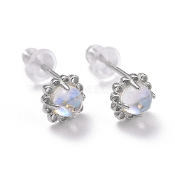 925 Sterling Silver Stud Earrings, Moonstone Half Round Dainty Earrings for Women, Platinum, 6x6x3.5mm, Pin: 0.8mm(EJEW-M202-02P)