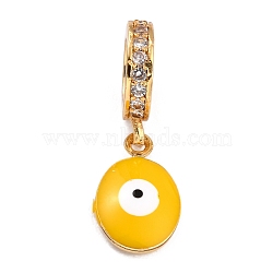 Brass Micro Pave Clear Cubic Zirconia European Dangle Charms, with Enamel, Long-Lasting Plated, Flat Round with Evil Eye, Golden, Yellow, 20mm,  Flat Round: 11x6.5x3mm, Hole: 5mm(ZIRC-L097-050F-G)