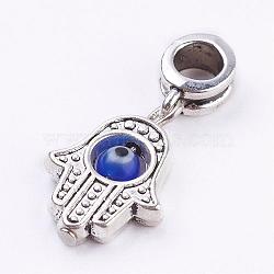 Tibetan Style Alloy European Dangle Charms, with Evil Eye Lampwork Round Beads, Hamsa Hand/Hand of Fatima/Hand of Miriam, Antique Silver, 27mm, Hole: 4.5mm(PALLOY-JF00322)
