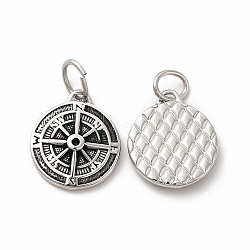 Ion Plating(IP) 304 Stainless Steel Pendants, with Jump Rings, Flat Round with Compass Charms, Antique Silver, 19x16x3mm, Hole: 6mm(STAS-M089-22AS)