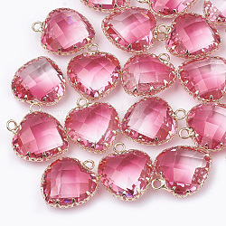 K9 Glass Pendants, Imitation Tourmaline, with Golden Tone Brass Findings, Faceted, Heart, Hot Pink, 20x16.5x8mm, Hole: 2mm(X-GLAA-Q069-11G)
