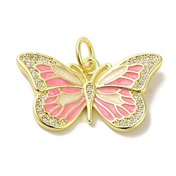 Brass Enamel Micro Pave Cubic Zirconia Pendants, Real 18K Gold Plated Butterfly Charms, with Jump Ring, Pink, 14x25x3mm, Hole: 4.2mm(KK-Z042-05G-01)