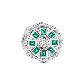 TINYSAND Rhodium Plated 925 Sterling Silver Spring Is Coming European Beads, with Cubic Zirconia, Platinum, Light Sea Green, 12.67x12.54x11.48mm, Hole: 4.47mm