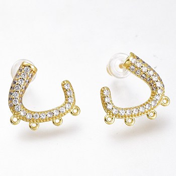 Brass Micro Pave Clear Cubic Zirconia Stud Earring Findings, with Loop and Plastic Ear Nuts, Long-Lasting Plated, Golden, 14x13.5mm, Hole: 0.7mm, Pin: 1mm