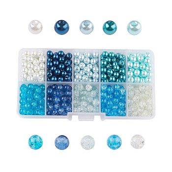 Mixed Baking Painted Crackle Glass & Glass Pearl Bead Sets, Round, Mixed Color, 6~6.5x5.5~6mm, Hole: 1mm, about 50pcs/compartment, 500pcs/box