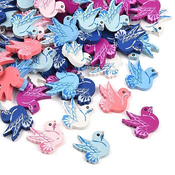 80Pcs Natural Wood Printed Beads, Dyed, Bird, Mixed Color, 26x25x4.5mm, Hole: 2mm