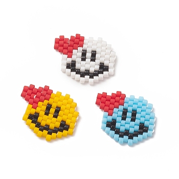 3 Colors Handmade Seed Beads, Loom Pattern, Smile Face with Heart, Mixed Color, 15x17x1.8mm, Hole: 0.7mm, 1pc/color