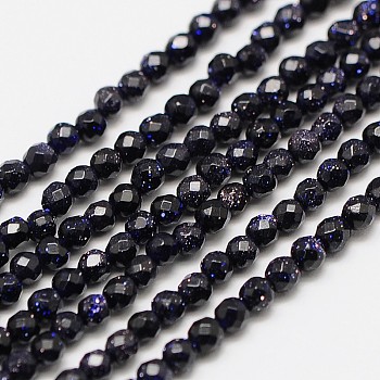 Synthetic Blue Goldstone Beads Strands, Faceted Round, 2mm, Hole: 0.8mm, about 190pcs/strand, 16 inch