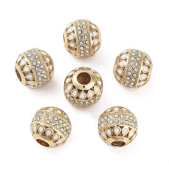 Golden Plated Alloy Enamel European Beads, with Rhinestone, Large Hole Beads, Round, White, 13.5x13mm, Hole: 4.8mm