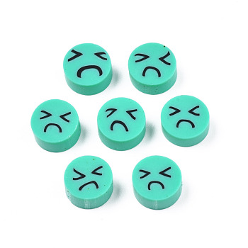 Handmade Polymer Clay Beads, Flat Round with Expression, Turquoise, 9~10x4~5mm, Hole: 1.6mm