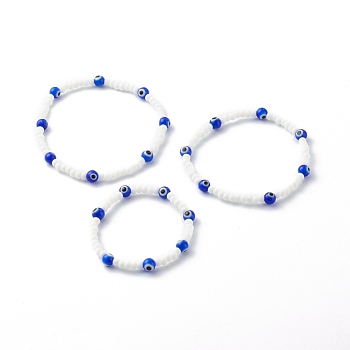 Glass Beads & Handmade Lampwork Beads Stretch Bracelets Set for Parents & Kid, Evil Eye, Blue, Inner Diameter: 1-3/4 inch(4.5~7.2cm), 3pcs/set