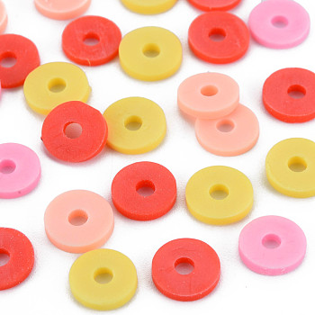 4 Colors Handmade Polymer Clay Beads, Heishi Beads, Disc/Flat Round, Gold & Orange Red & Pearl Pink & Light Salmon, 8x0.5~1.5mm, Hole: 2mm, about 11500pcs/1000g