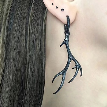 Alloy Hoop Earrings, Deer Horn, Black, 60x17mm