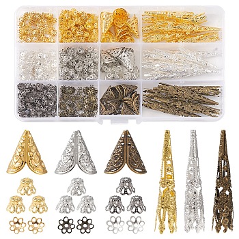 690Pcs 12 Style Iron Bead Cap & Cone Sets, Mixed Color, Bead Cones: 42~42x8mm, Hole: 1mm~2mm