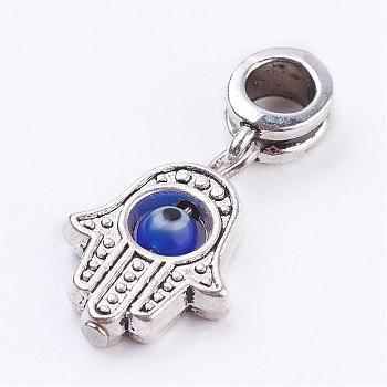 Tibetan Style Alloy European Dangle Charms, with Evil Eye Lampwork Round Beads, Hamsa Hand/Hand of Fatima/Hand of Miriam, Antique Silver, 27mm, Hole: 4.5mm