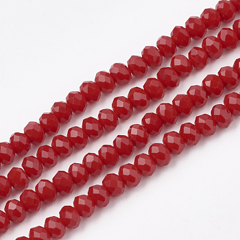 Opaque Solid Color Glass Beads Strands, Faceted, Rondelle, Red, 3~3.5x2.5~3mm, Hole: 0.5mm, about 123~127pcs/strand, 13.39~13.78 inch(34~35cm)