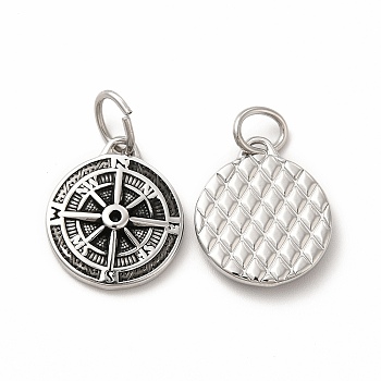 Ion Plating(IP) 304 Stainless Steel Pendants, with Jump Rings, Flat Round with Compass Charms, Antique Silver, 19x16x3mm, Hole: 6mm