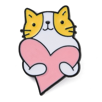 Cartoon Cat with Heart Zinc Alloy Enamel Pin Brooch, Gold, 29x20.5mm