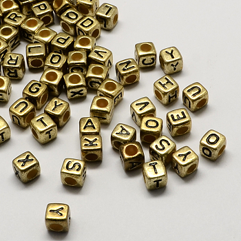 Antique Golden Plated Large Hole Acrylic European Beads, Horizontal Hole, Cube with Letter, Mixed, 6x6x6mm, Hole: 4mm