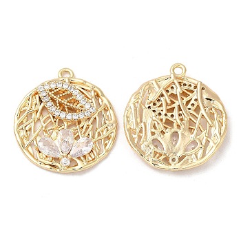 Brass Micro Pave Cubic Zirconia Pendants, with Glass Finding, Nickel Free, Flat Round, Real 18K Gold Plated, 21.5x20x3.5mm, Hole: 1.4mm