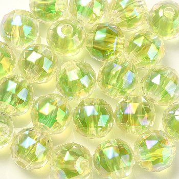 Two Tone UV Plating Rainbow Iridescent Acrylic Beads, Faceted, Round, Green, 15x15.5mm, Hole: 3.8mm