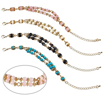 4Pcs 4 Style Gemstone Beaded Multi-strand Bracelets Set for Women, Golden, 6-5/8~6-7/8 inch(16.7~17.4cm)