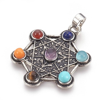 Natural & Synthetic Gemstone Pendants, with Alloy Findings, Chakra, Metatron's Cube/Sacred Geometry, Antique Silver, 38x30x5mm, Hole: 5x8mm