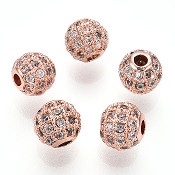 Rack Plating Brass Cubic Zirconia Beads, Long-Lasting Plated, Round, Rose Gold, 6x6mm, Hole: 1.5mm