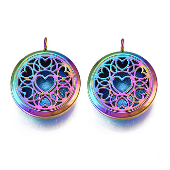 Rack Plating Alloy Locket Pendants, Diffuser Locket, with Magnetic, Cadmium Free & Nickel Free & Lead Free, Flat Round with Heart, Rainbow Color, 36x30x11mm, Hole: 4mm, Inner Diameter: 22mm