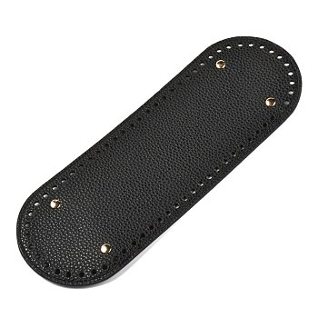 Imitation PU Leather Bottom, Oval with Alloy Brads, Litchi Grain, Bag Replacement Accessories, Black, 30x10x0.4~1.1cm, Hole: 5mm
