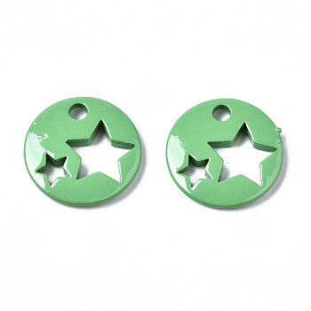 Spray Painted Brass Charms, Flat Round with Star, Medium Sea Green, 14.5x14.5x2.5mm, Hole: 2mm
