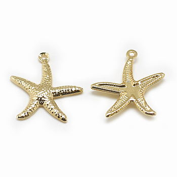 Brass Pendants, Starfish/Sea Stars, Real 18K Gold Plated, 22x21x2mm, Hole: 1mm