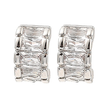 Brass Pave Clear Cubic Zirconia Curved Rectangle Stud Earrings for Women, Platinum, 7x4mm