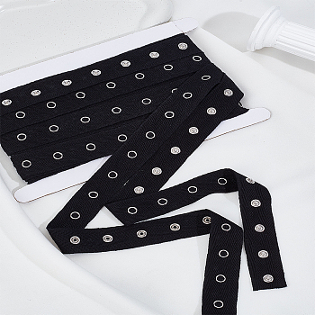 Alloy Snap Button Tape Trim Polyester Herringbone Ribbons, with Cardboard Display Card, Black, 1 inch(25mm)